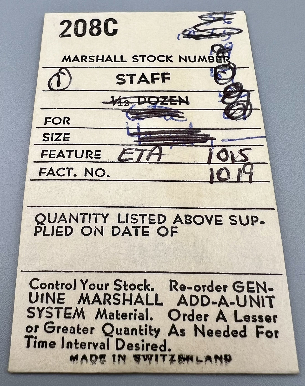 ETA 1015 BALANCE STAFF 208C MARSHALL SWISS WATCH PARTS Factory Sealed NOS LOT G2