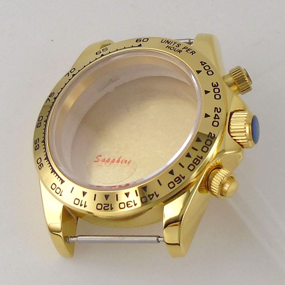 39mm Yellow Gold Watch Part Case Sapphire Glass Fit VK63 VK64 Quartz Solid Back