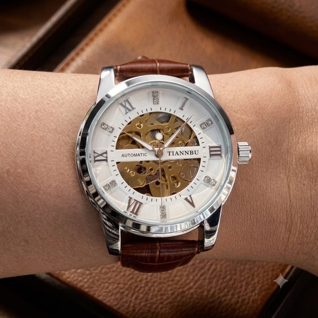 TIANNBU Skeleton Automatic Mechanical Watch White Dial Leather Mens Wristwatch