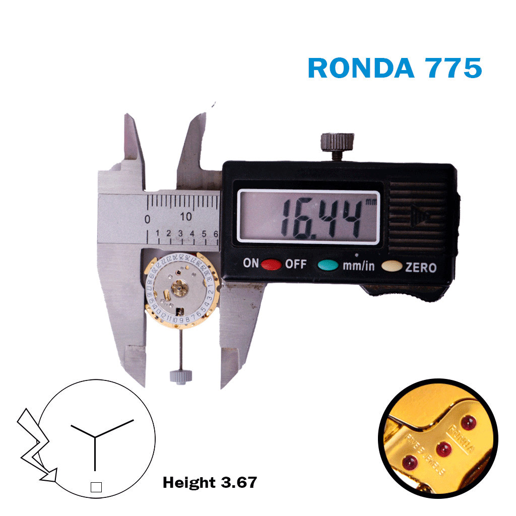 RONDA 775 SWISS QUARTZ Movement, WHITE DATE DISK AT 6, 2 HANDS.