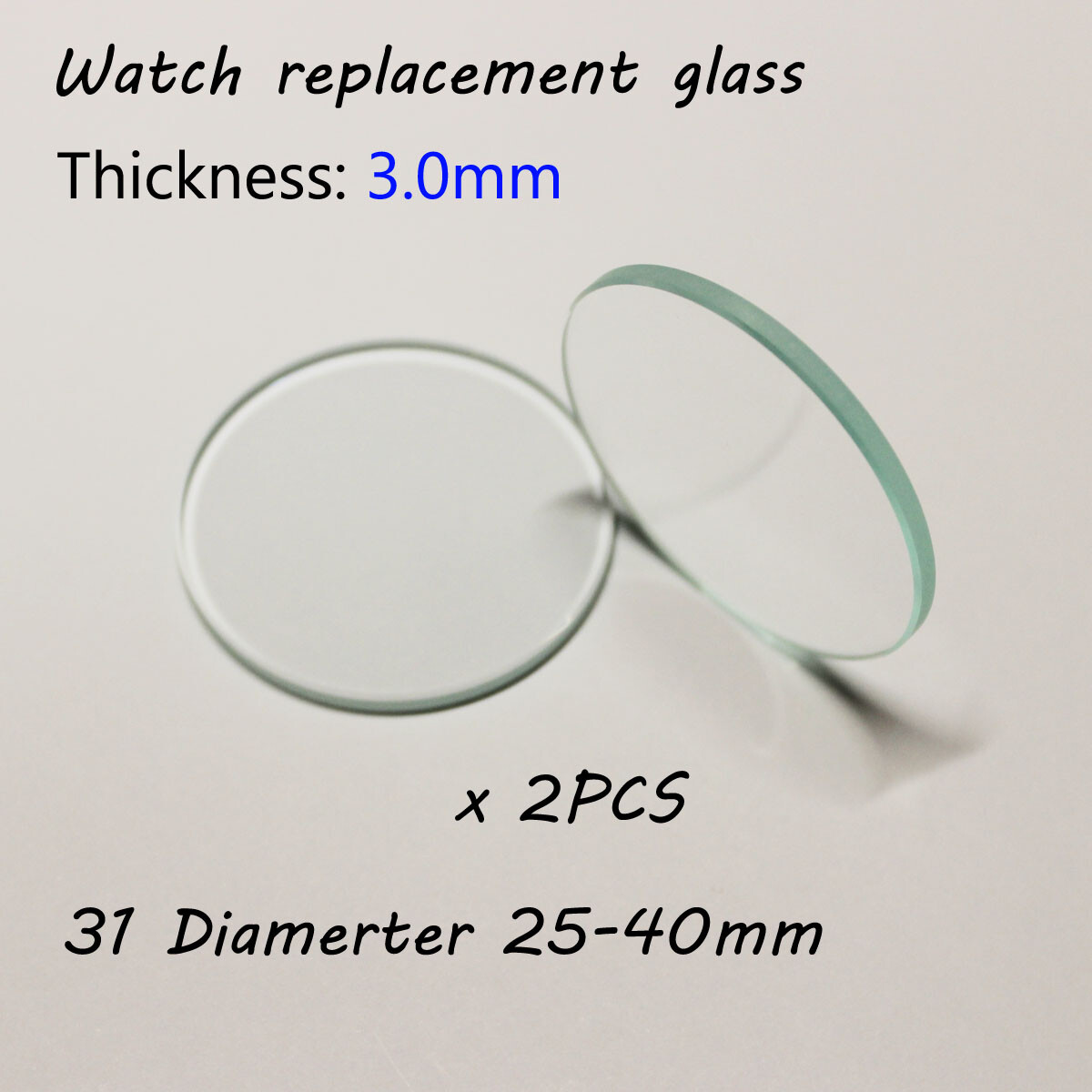 3.0mm Flat Round Watch Glass 25mm to 40mm Watch Lens Crystals Tools Mirror 2Pcs