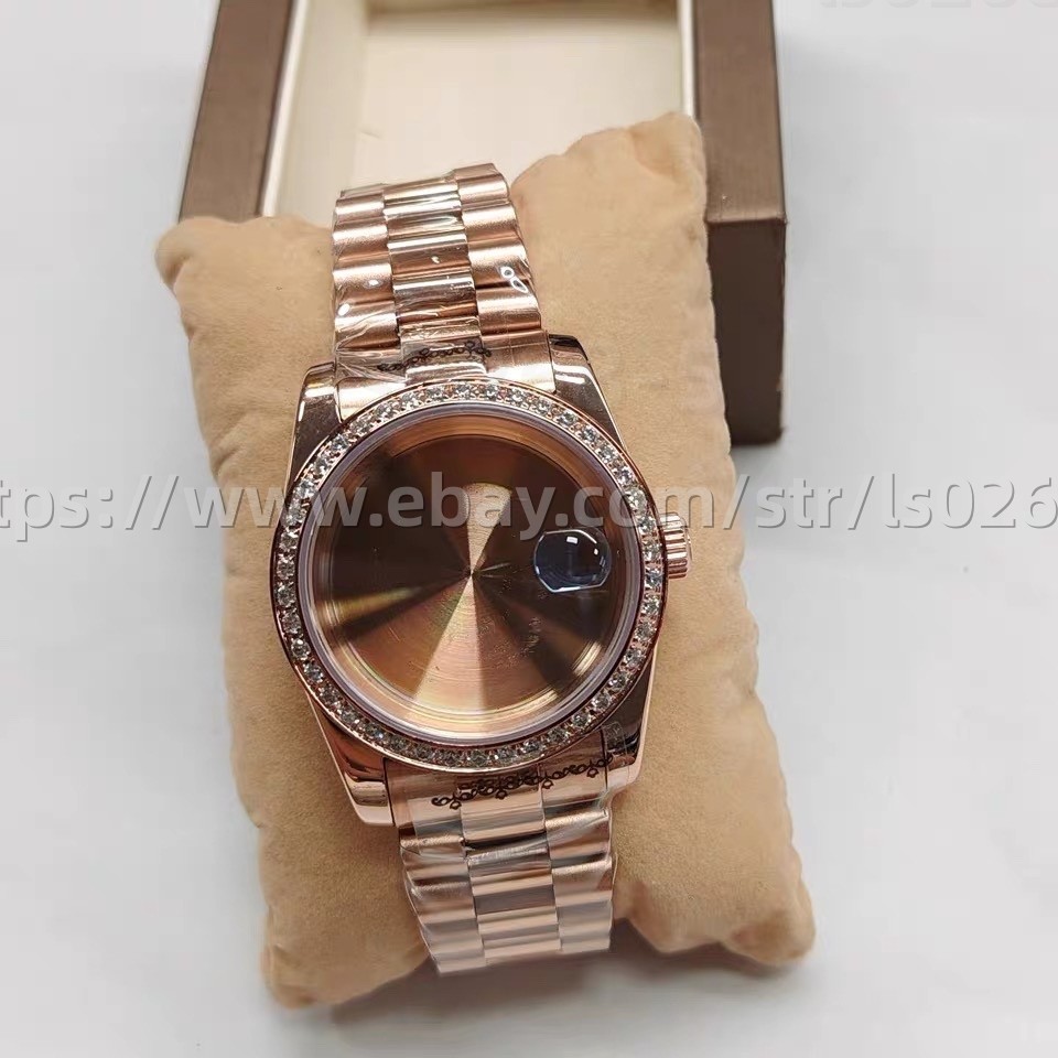 36mm Stainless Steel Rose Gold Watch Case Diamond Bezel+Bracelet Set NH35