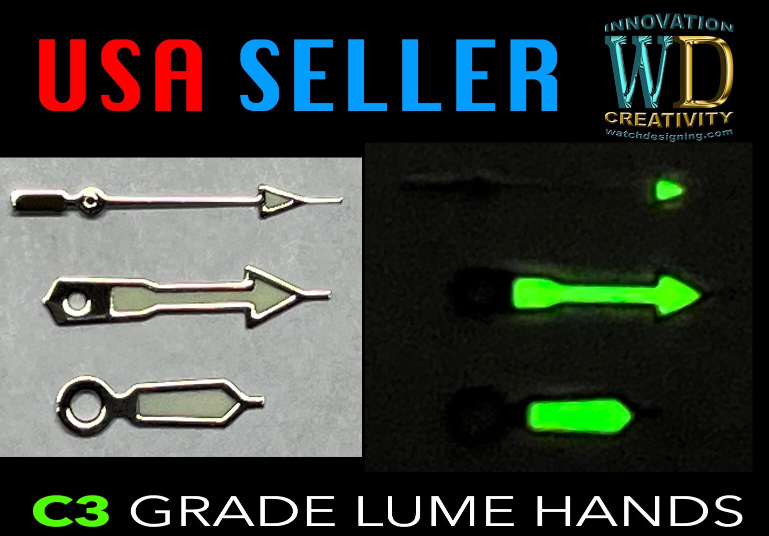 Watch Dial Hour Minute Seconds Hands Silver luminous green C3 Lume 120/70/20