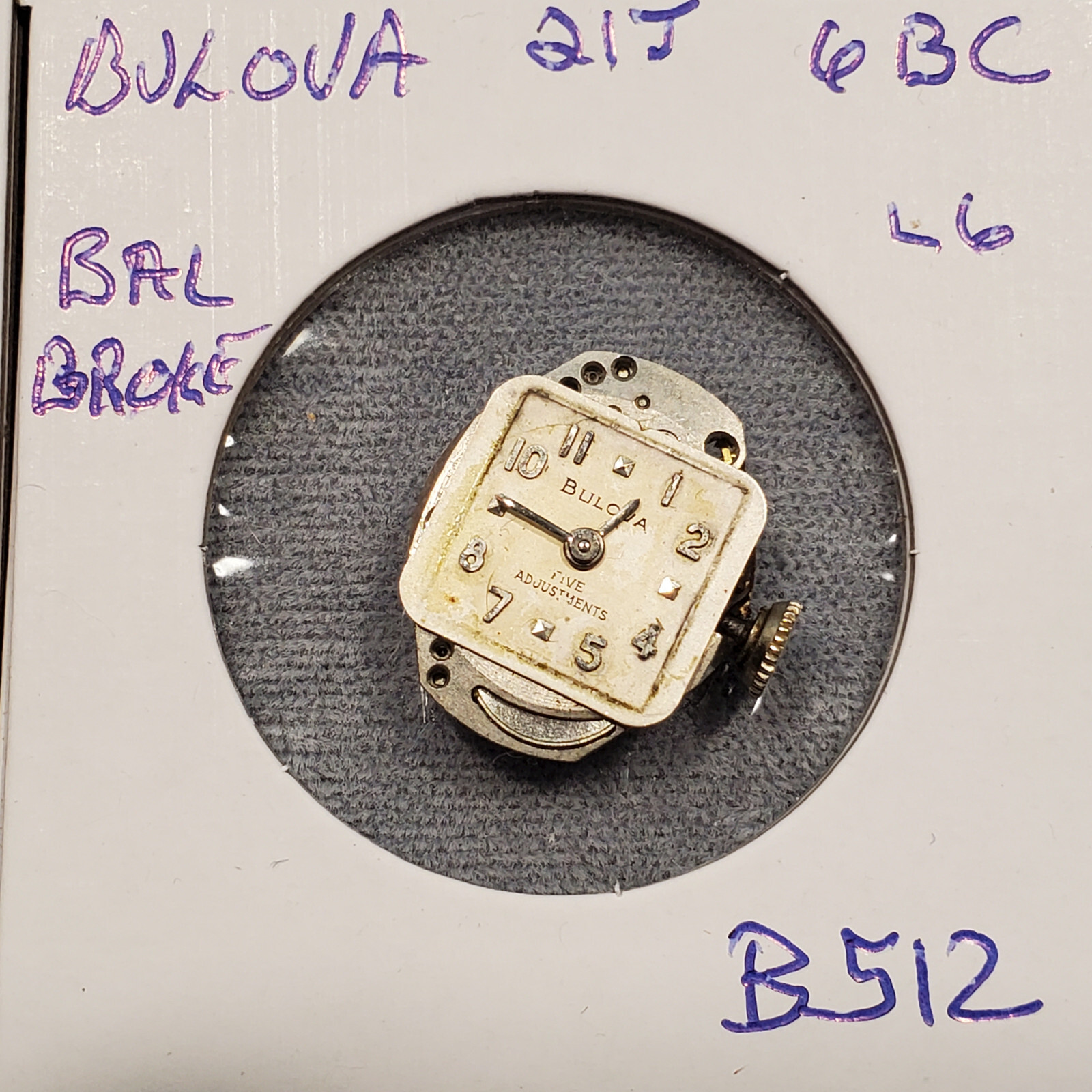LADIES BULOVA 21j 6BC L6 WRIST WATCH MOVEMENT #B512