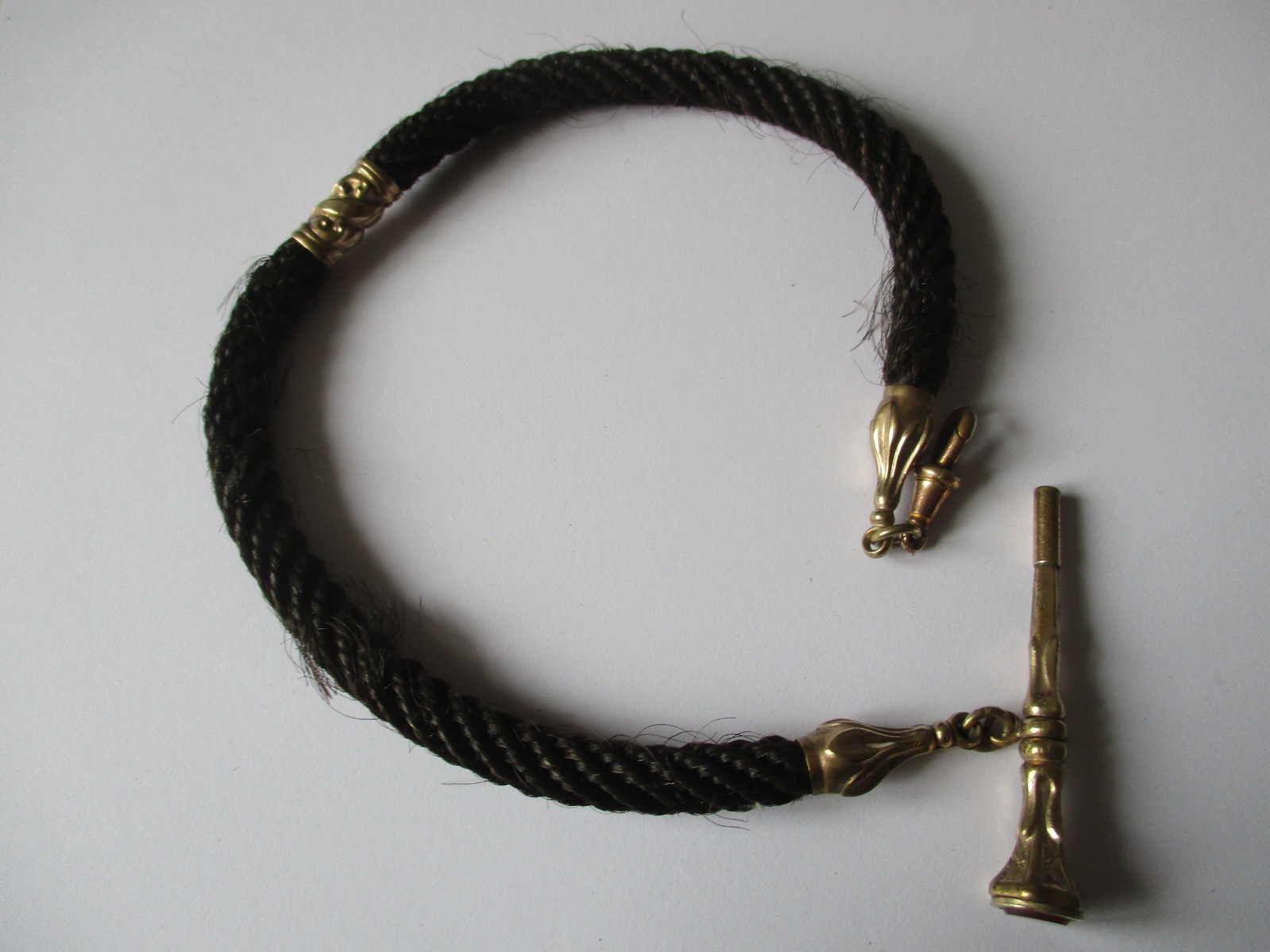 Victorian hairwork Albertina pocket watch chain & winder – mourning jewellery