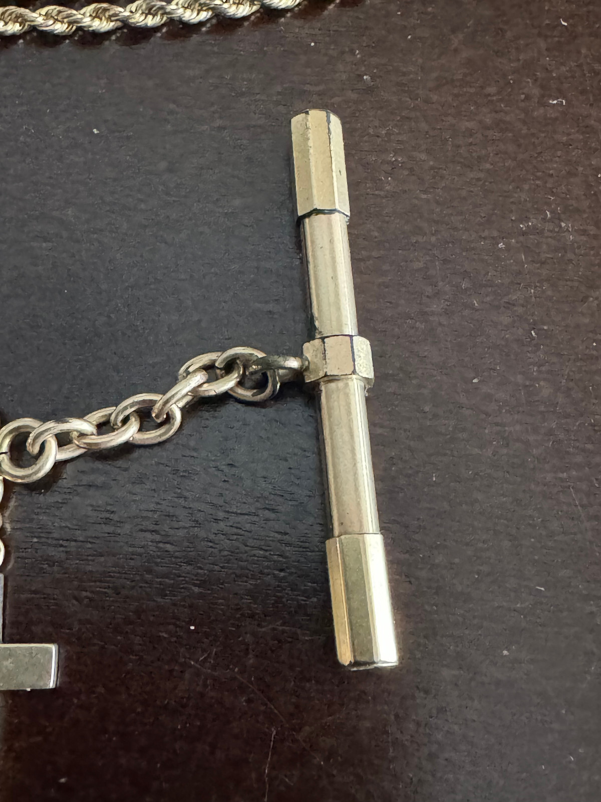 VINTAGE 11 INCH R.S.OO POCKET WATCH CHAIN WITH T-BAR, FINIALS AND LOCKET G.F.