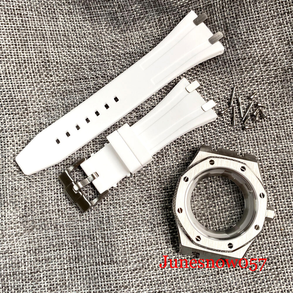 42MM Brushed Sliver Watch Case Rubber Strap Fit NH35 NH36 SKX SRP Sapphire Glass