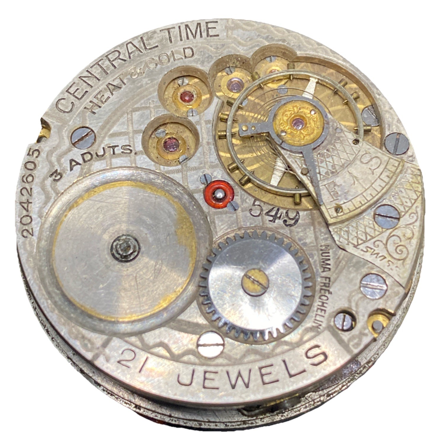 Antique Pocket Watch Movement Swiss Fake Railroad 18s 21j Openface Parts F8889