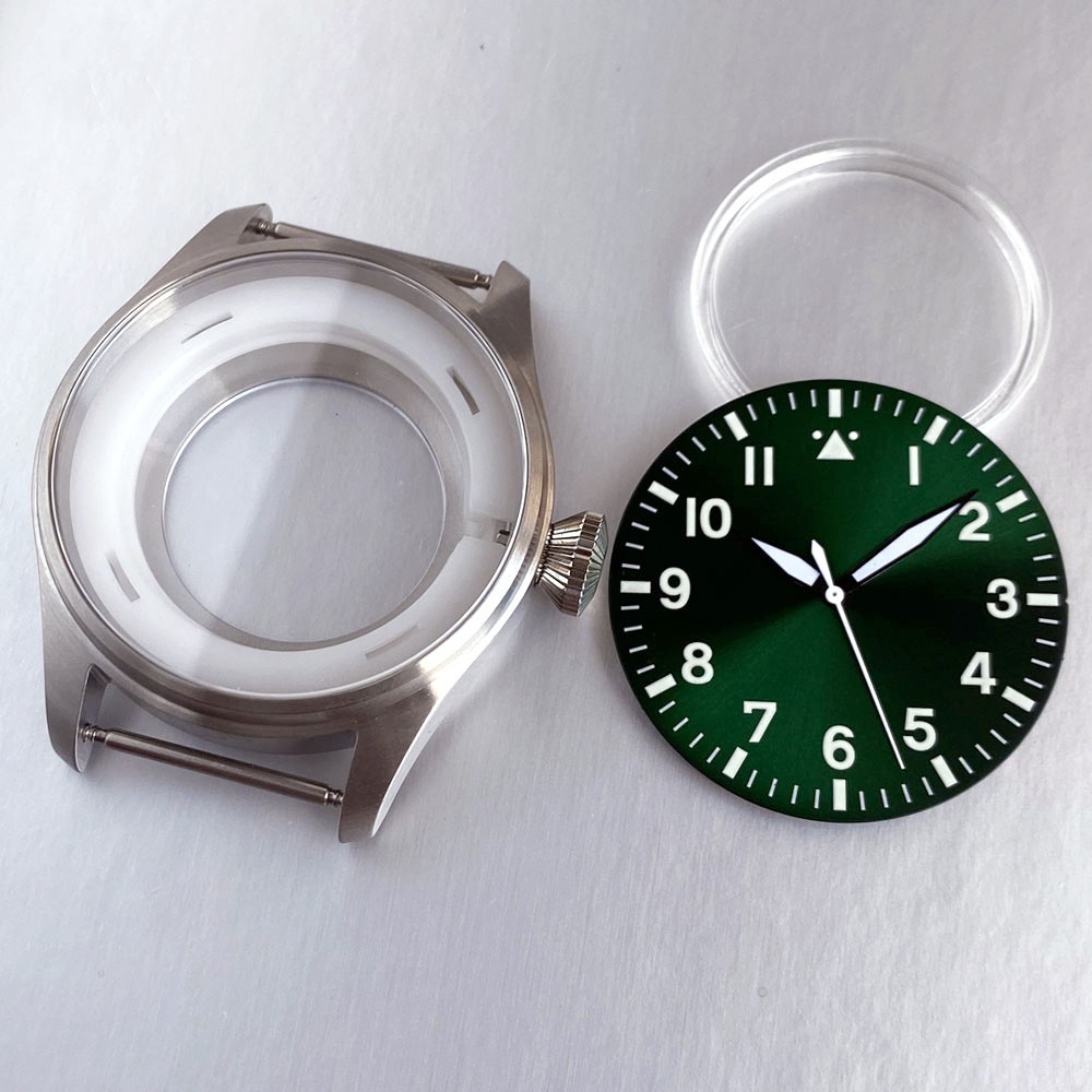 43mm Pilot Steel Sapphire Glass Watch Case Set Fit japan NH35 NH36 2824 Aviator