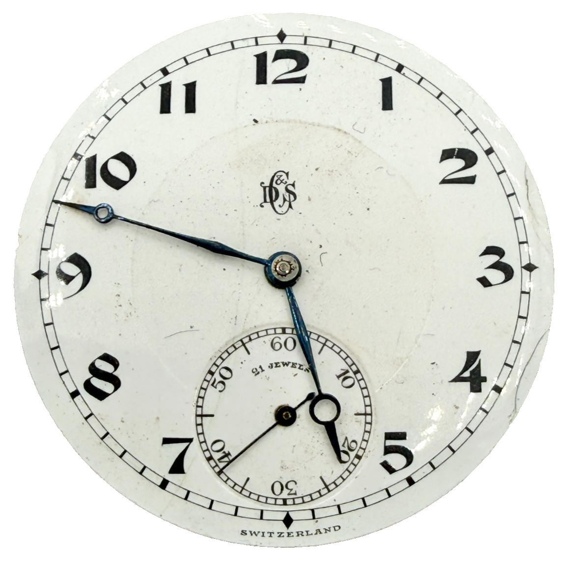 Antique 16s 21j Swiss Pocket Watch Movement Dial/Hands