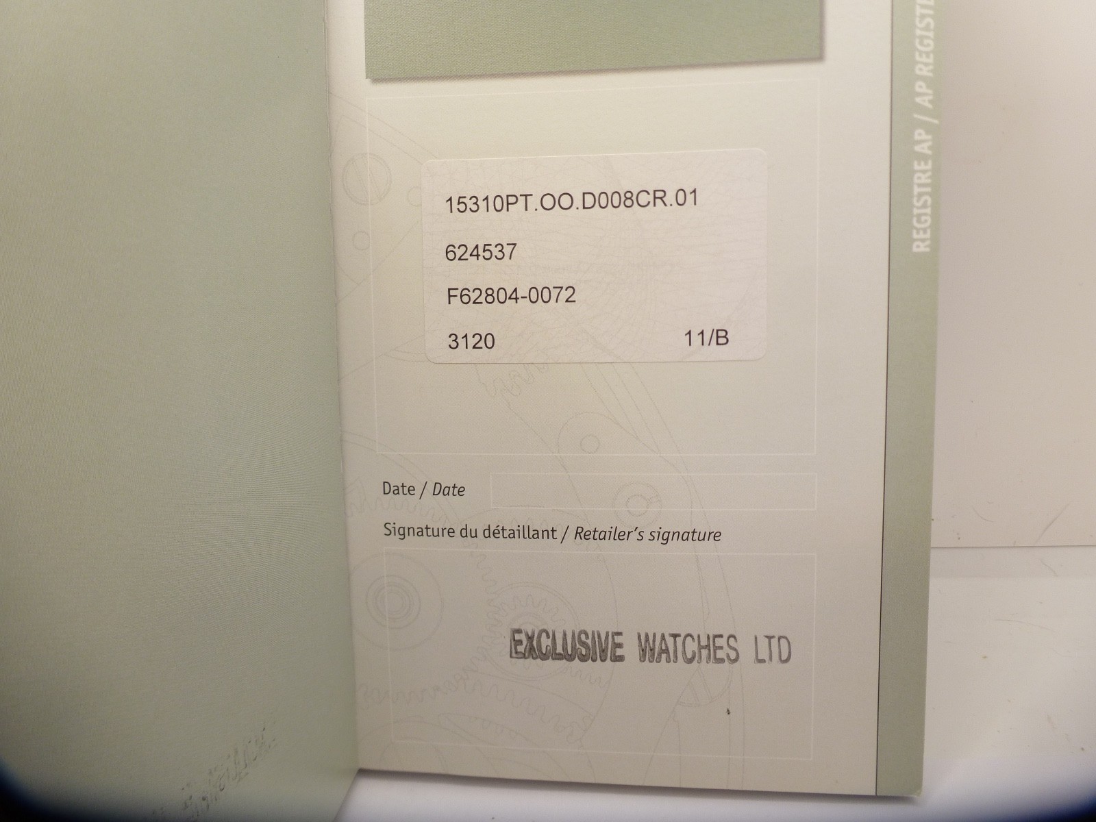 AUDEMARS PIGUET Certificat De Granite Warranty And Authentication 15310PT 3120