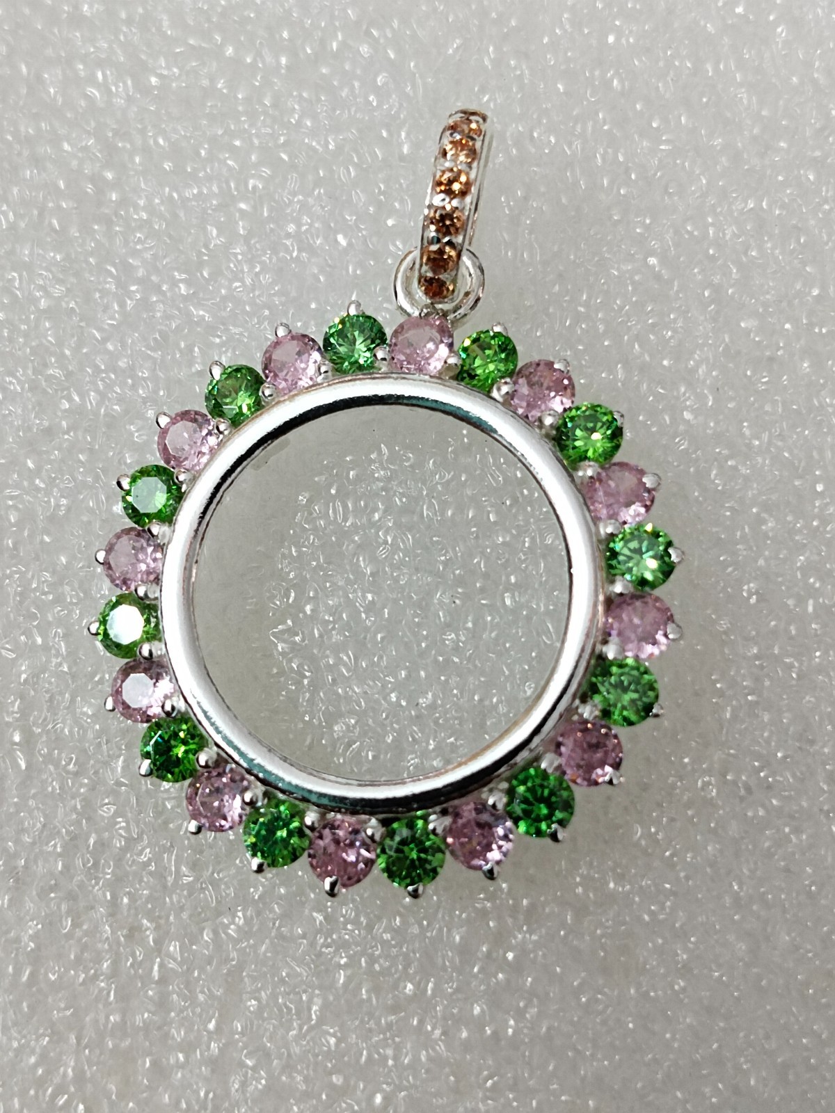 925 Sterling Silver Round Bezel Pendant Blank Green & Pink CZ Handmade Coin