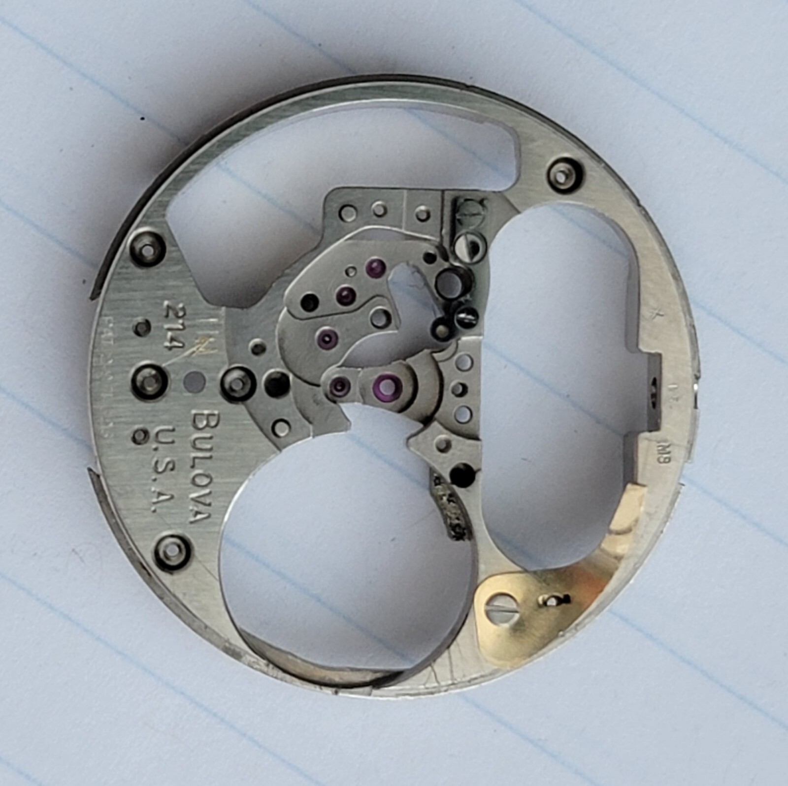 Vintage Bulova Accutron 214 #709 Movement Pillar Plate USA M5 M8 1965 & 1968