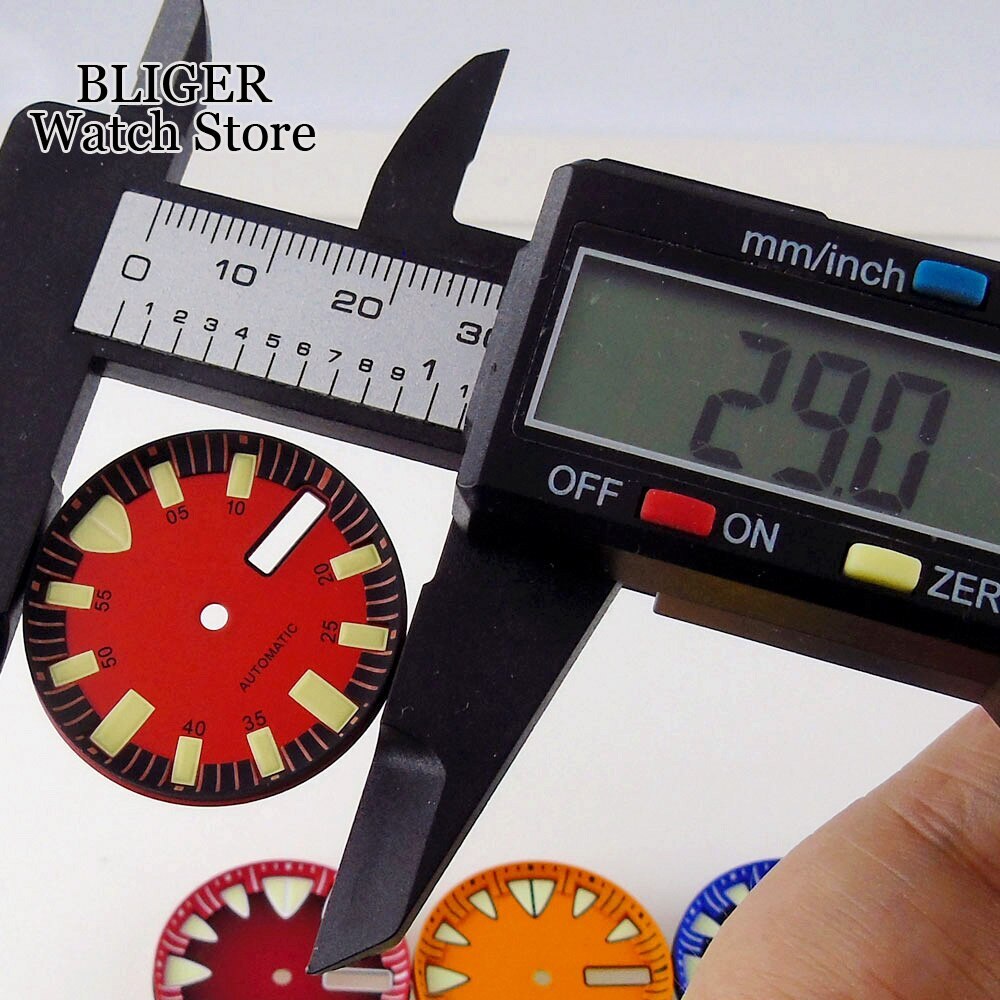 29MM Luminous Red Blue Watch Dial Green Lume Fit NH36 NH36A Week Date Watch Part