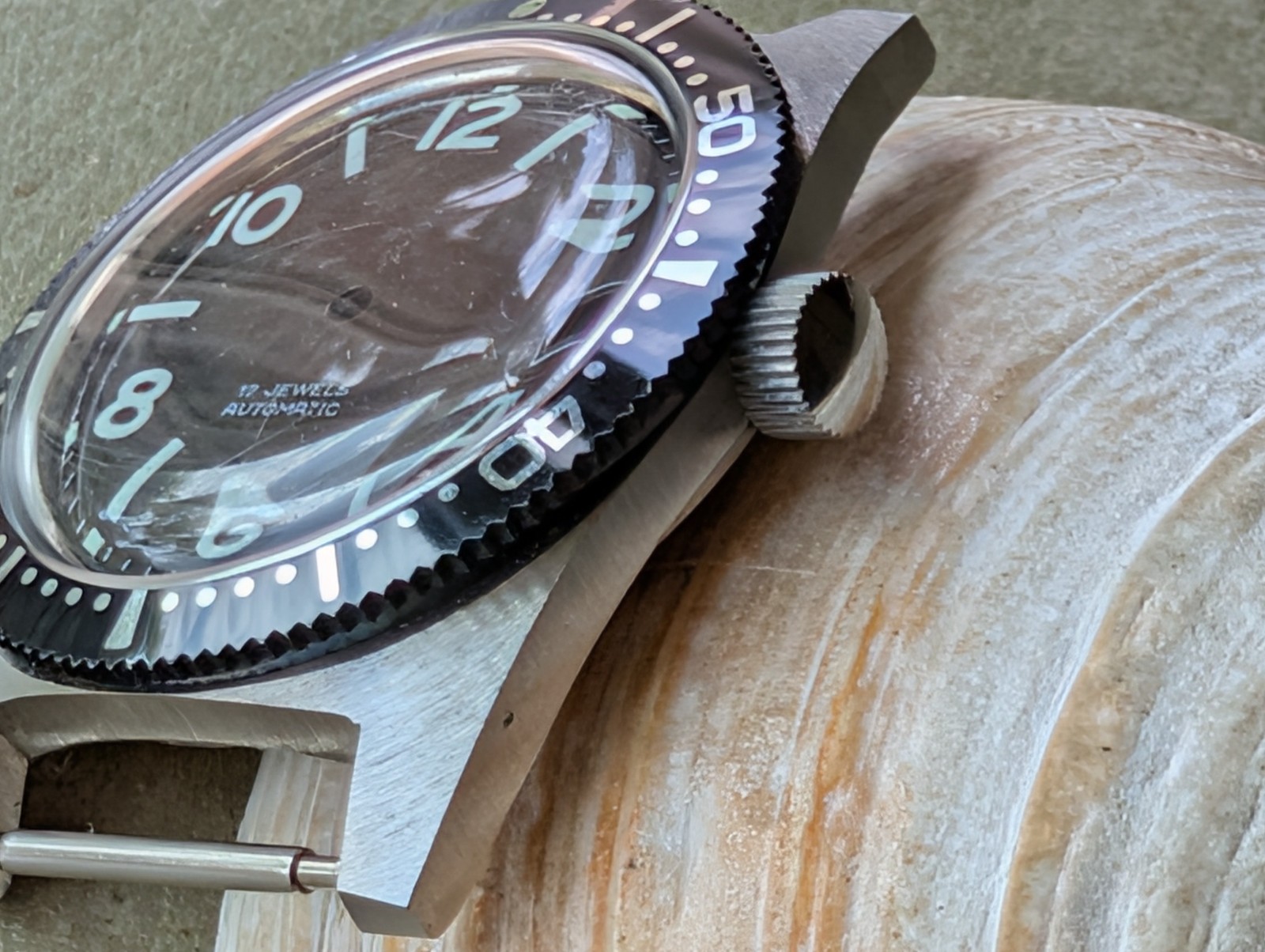 Vintage 1960/70’s TK All SS Diver Case w/Countdown Bezel,Glossy Black Dial,Crown