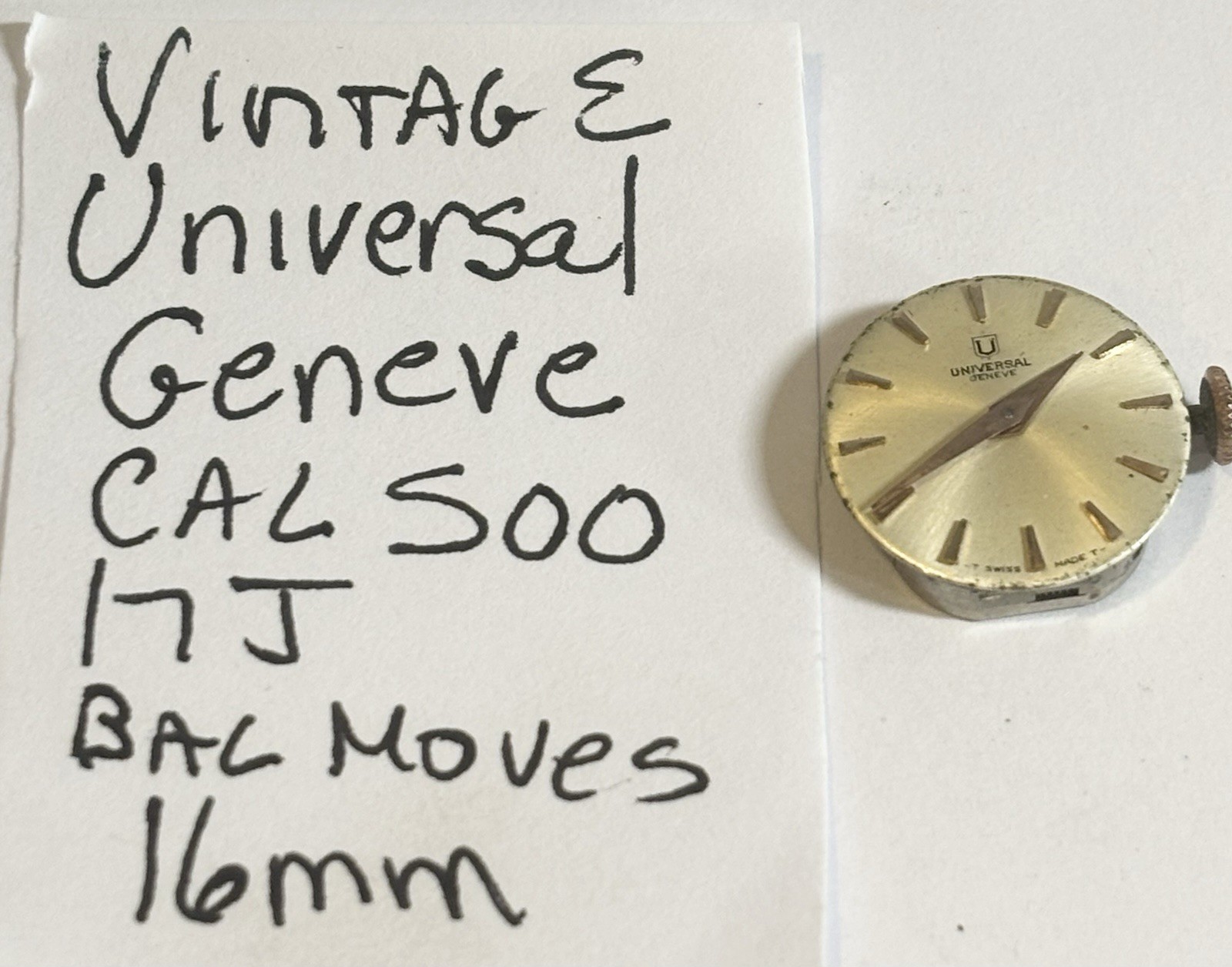 Vintage Women’s Universal Geneve 17J Cal 500 Wristwatch Movement 16mm Bal Moves