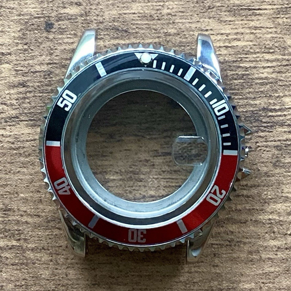 Stainless Steel Silver Watch Case with Bezel Insert, Red/Black Colors