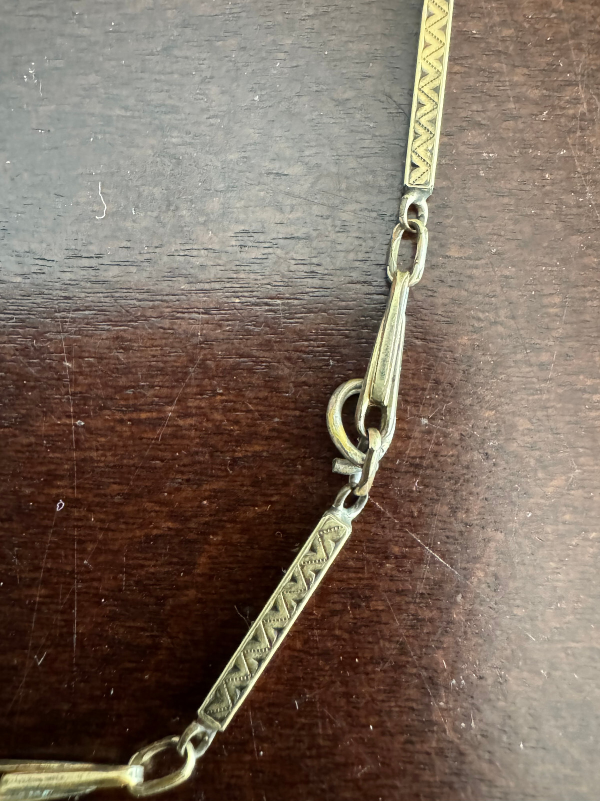 VINTAGE 14 INCH POCKET WATCH CHAIN, GREEN GOLD FILLED , NICE ETCHING