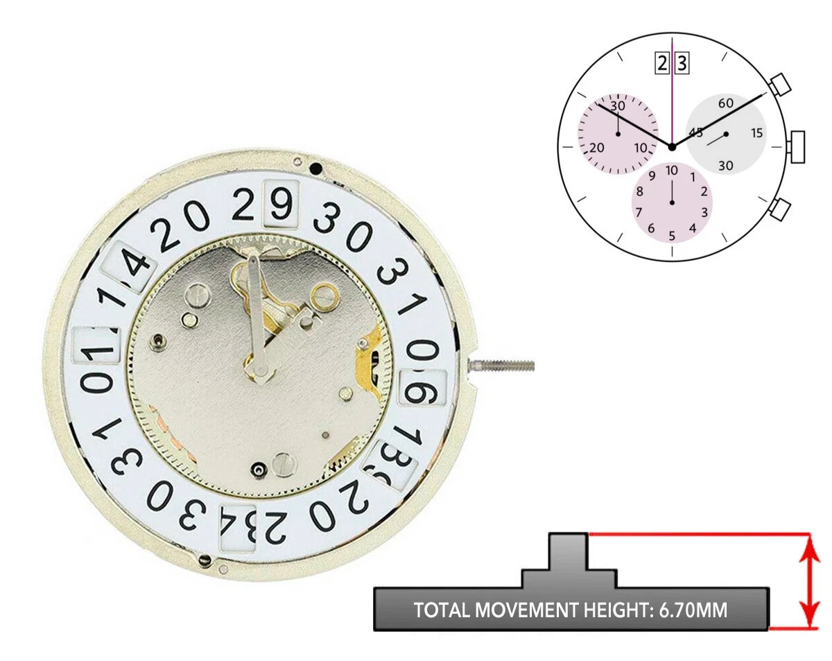 Ronda 5040.B Quartz Chronograph Movement, 3 Hands, Date at 12, Height 6.7mm