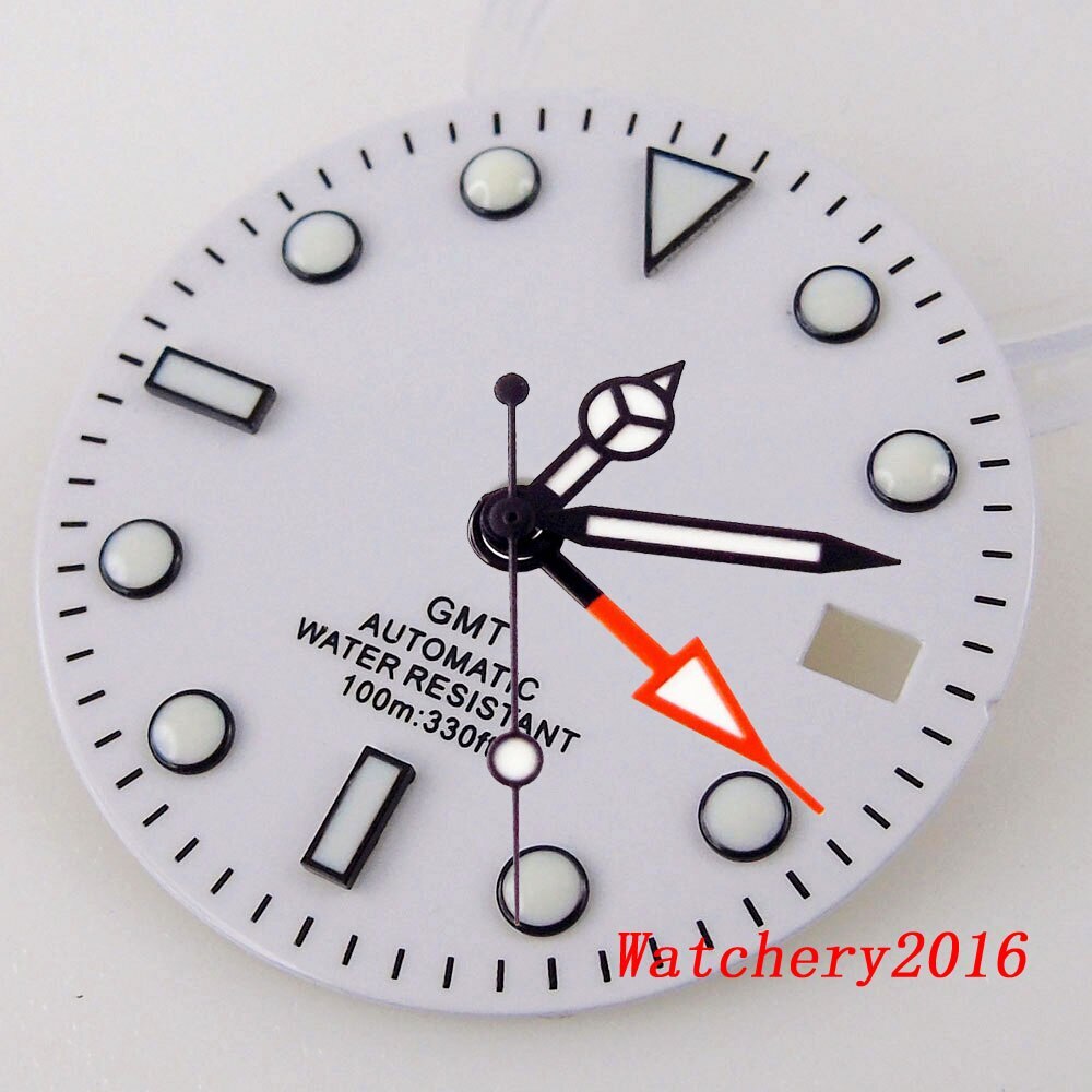 29MM Green Luminous White Watch Dial Fit NH34 NH34A GMT Automatic Mens watch