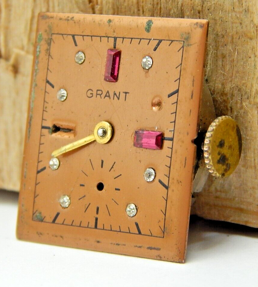 Vintage Grant 17 jewel men’s art deco wrist watch movement with gemmed dial