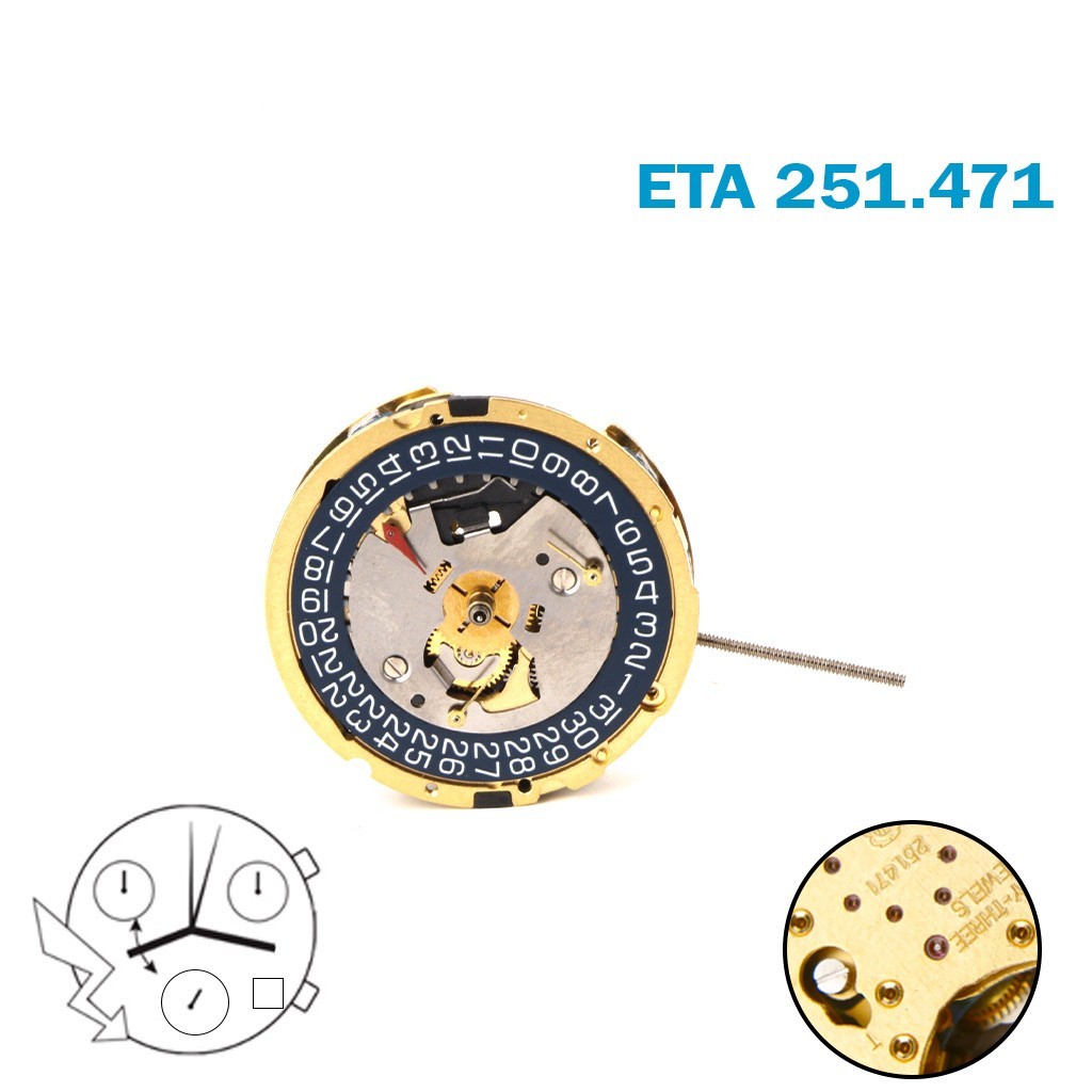 ETA 251.471 Swiss Chronograph Movement-H:6:81mm-Blue Date at 4-3 Counter.