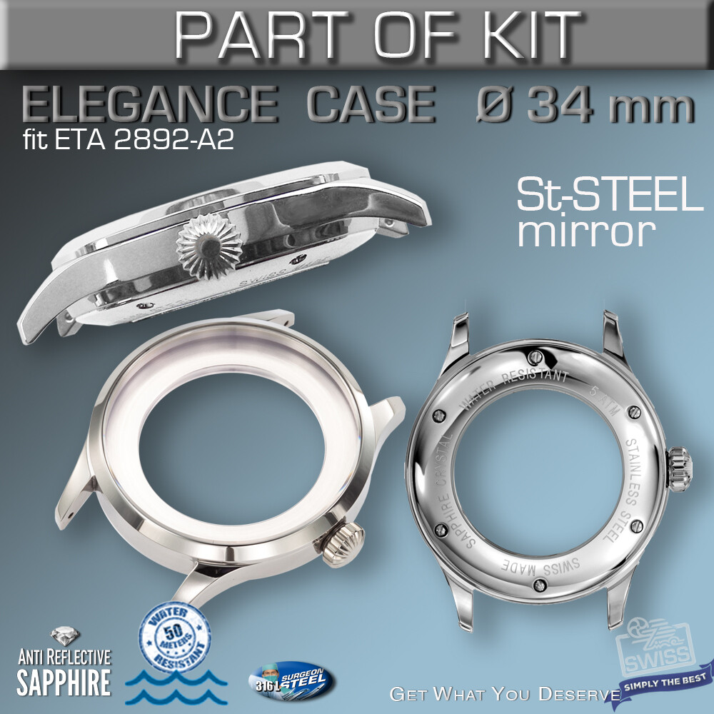 DO IT YOURSELF KIT 1: ELEGANCE CASE 34MM, DIAL, HANDS, fit ETA 2892-A2, SW300