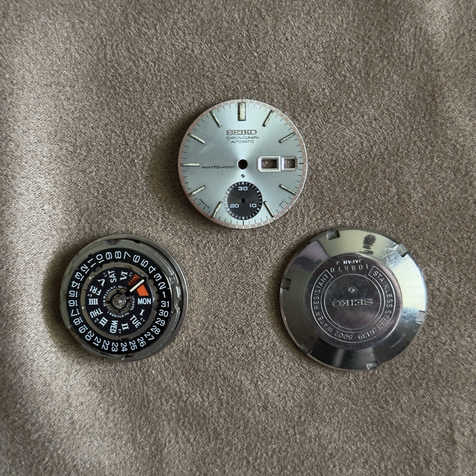 SEIKO 6139B Incomplete Movement FOR PARTS W/case back And Dial (Damaged)