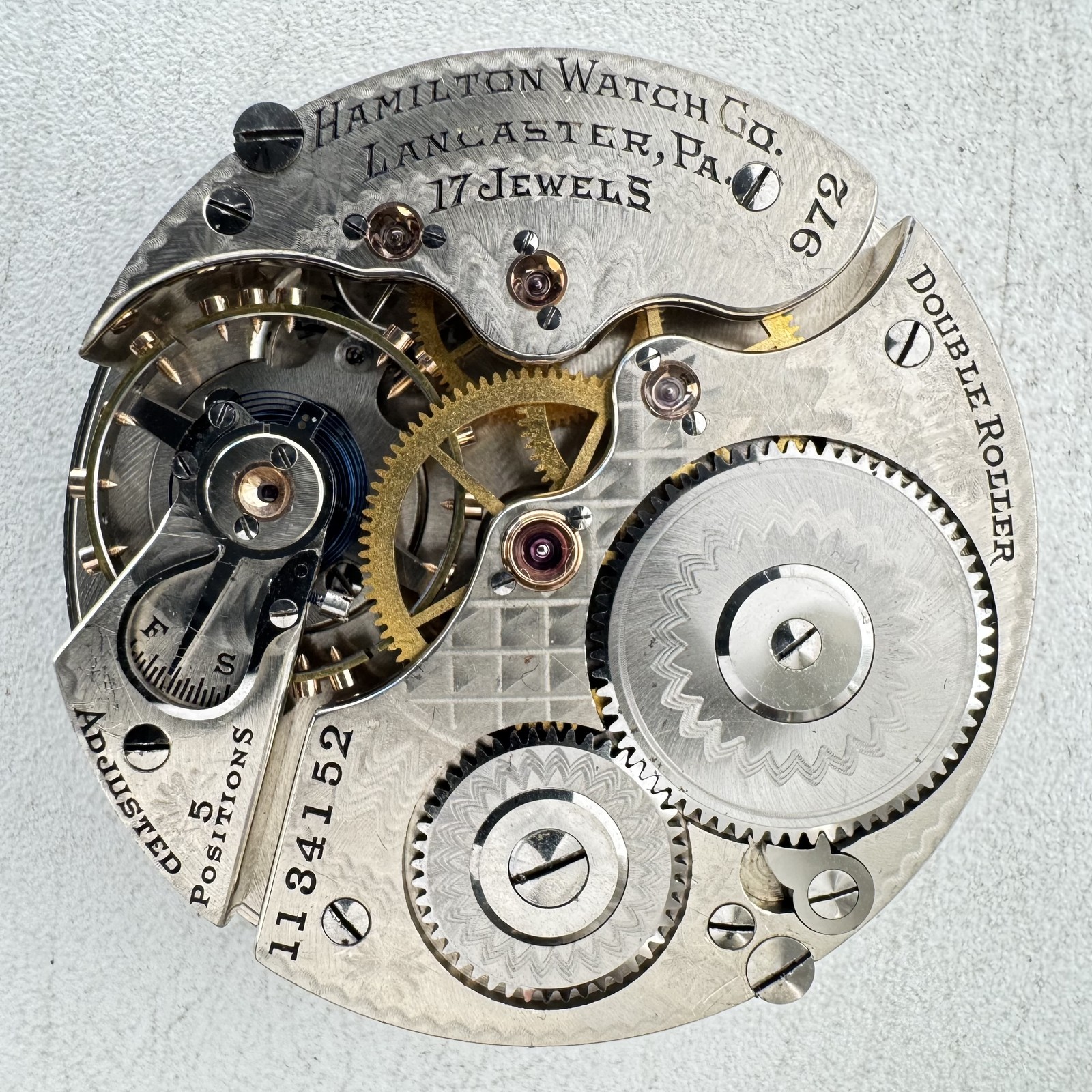 Antique 16s 1915 Hamilton 2 17J Mechanical Openface RR Pocketwatch Movement 972