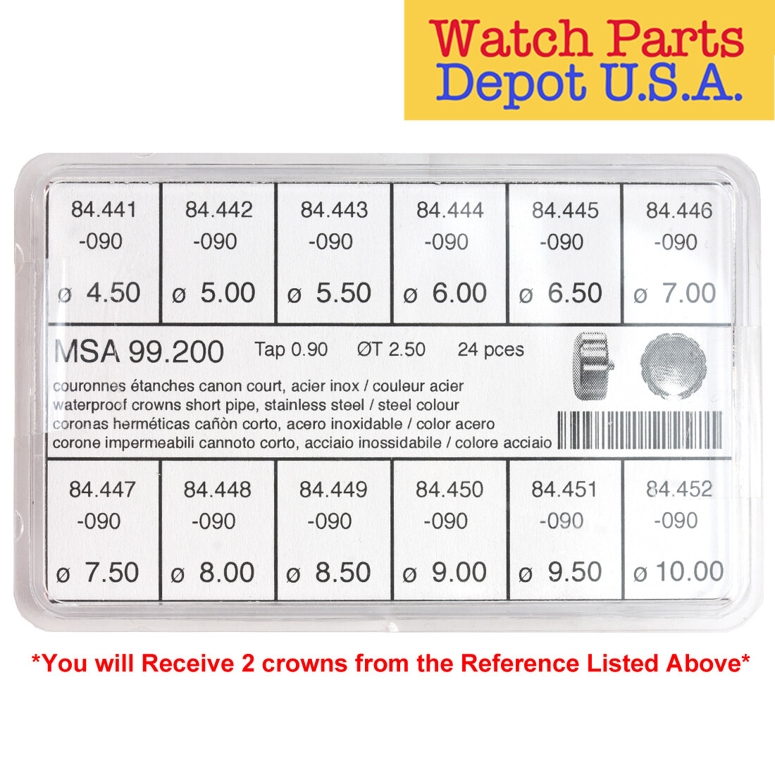 Stainless Steel Waterproof Crown Assortment, Size 4.5mm – 10mm (24 Crowns Total)