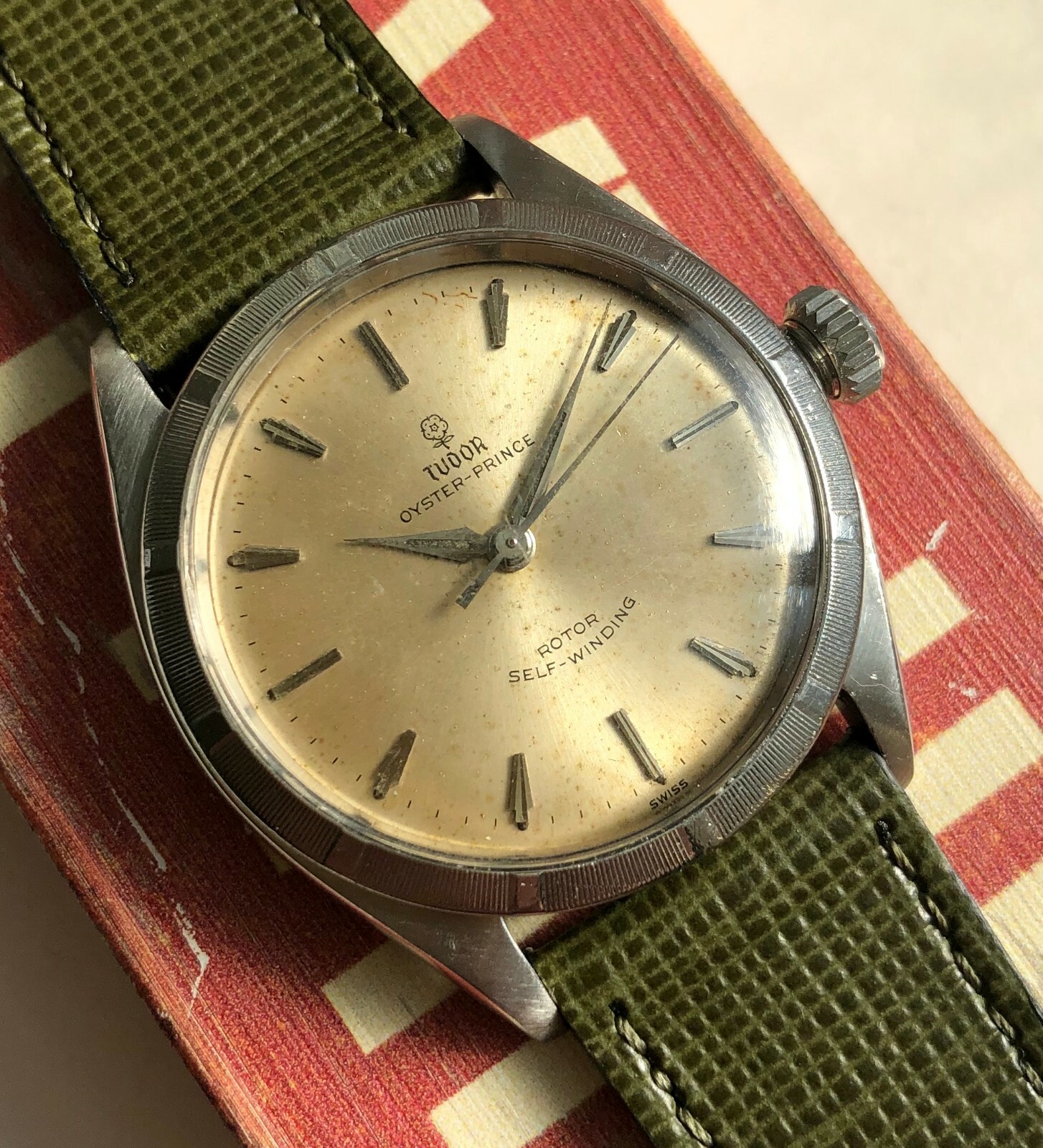Vintage Tudor Oyster Prince 7965 Automatic Silver Rose Dial 18K Gold Bezel Watch