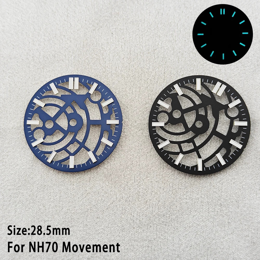 28.5mm Skeleton Watch Dial Green Lume Black and Blue Fit for NH70 NH72 Mod Parts