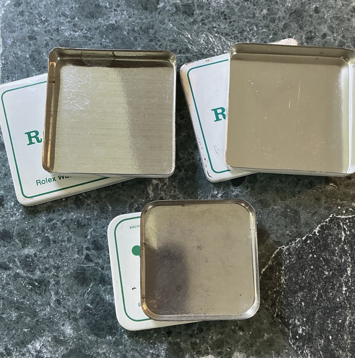 Vintage Genuine Rolex U.S.A Tin Metal Boxes for Watch Parts Service etc Lot of 3