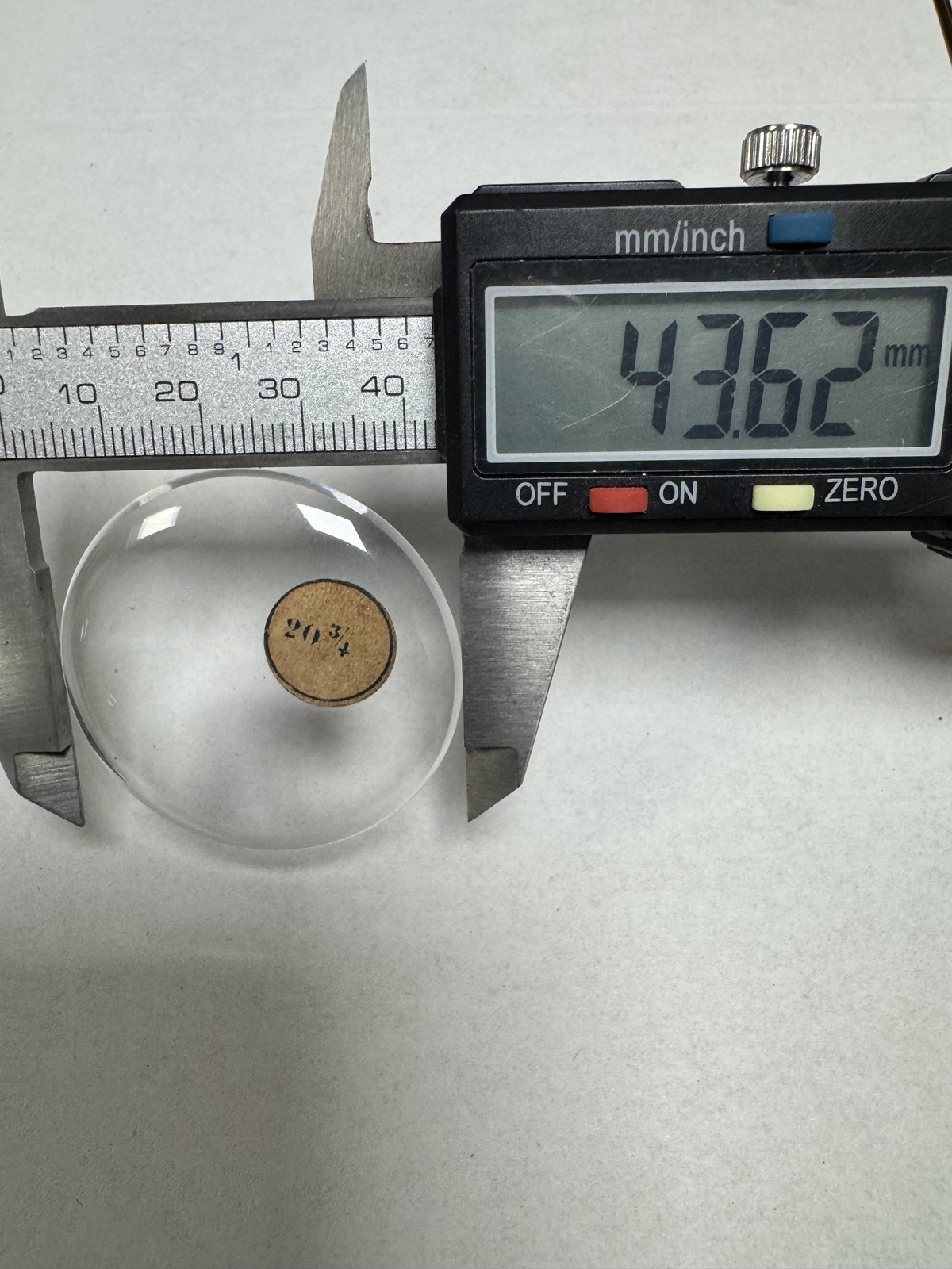 Vintage Unmarked Pocket Watch Acrylic Crystal Domed 43.62mm 20 3/4 Clear Lens