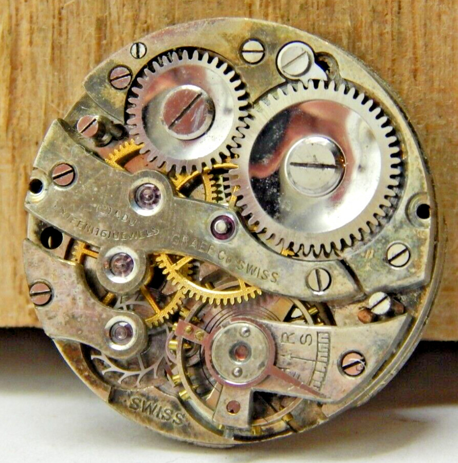 Vintage Graef watch co 16 jewel 2 adjustment 8/0s nickel watch movement w/ dial