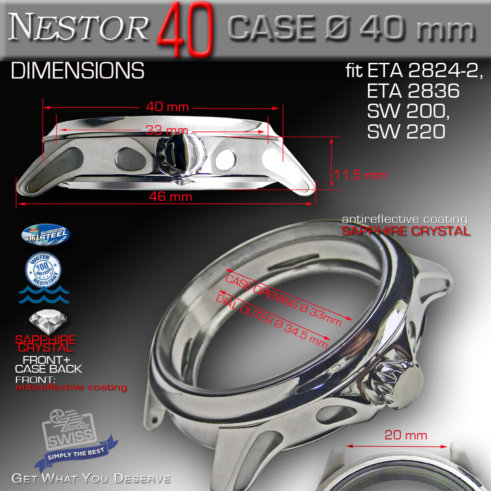 WATCH CASE NESTOR FOR ETA-2824/2836, SW 200/220,Ø 40 MM, ST.STEEL,SAPH.CRYSTAL,