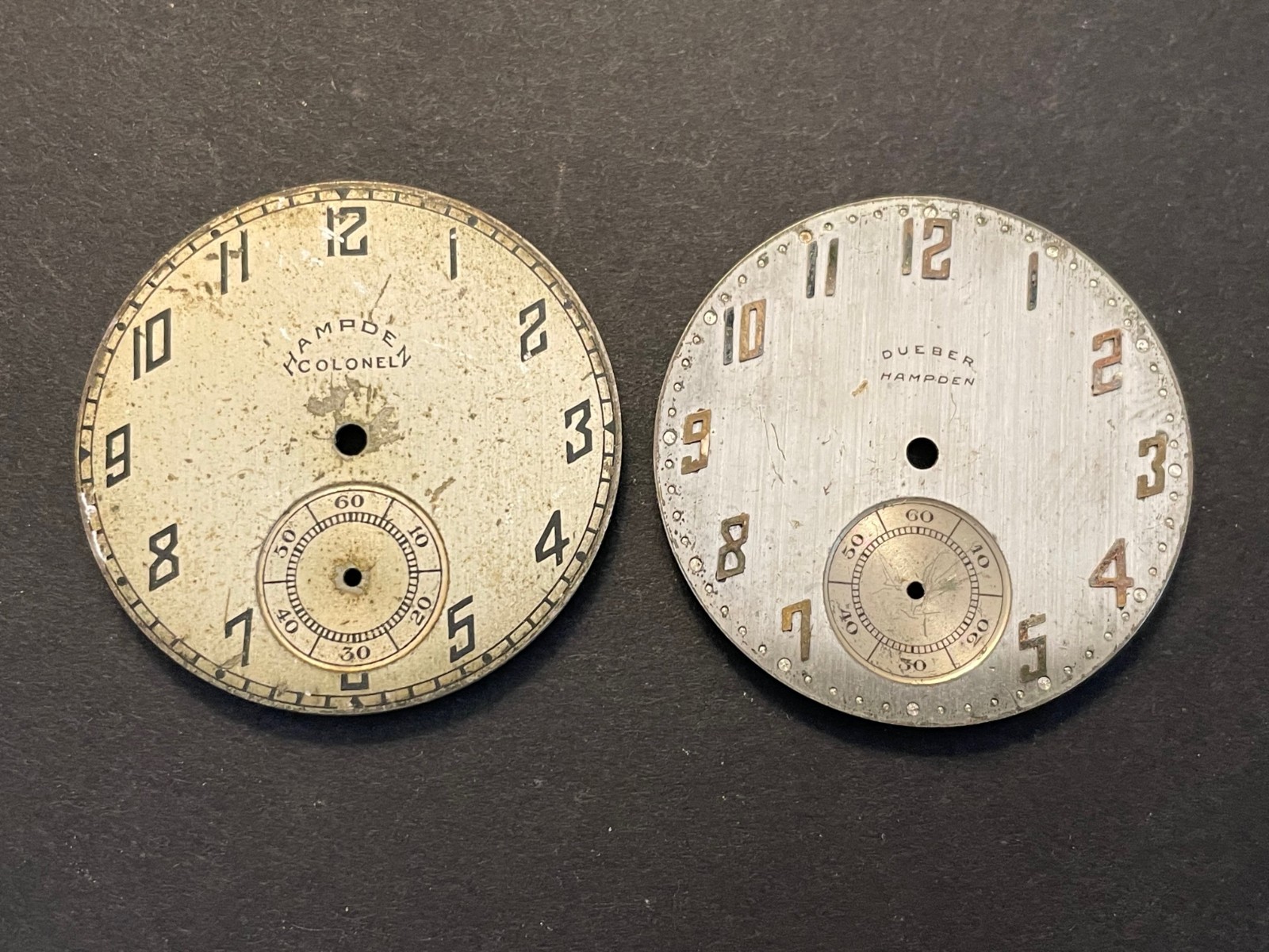 2 Hampden Pocket Watch Dials Dueber Colonel Metal 37mm Part Watchmaker Estate