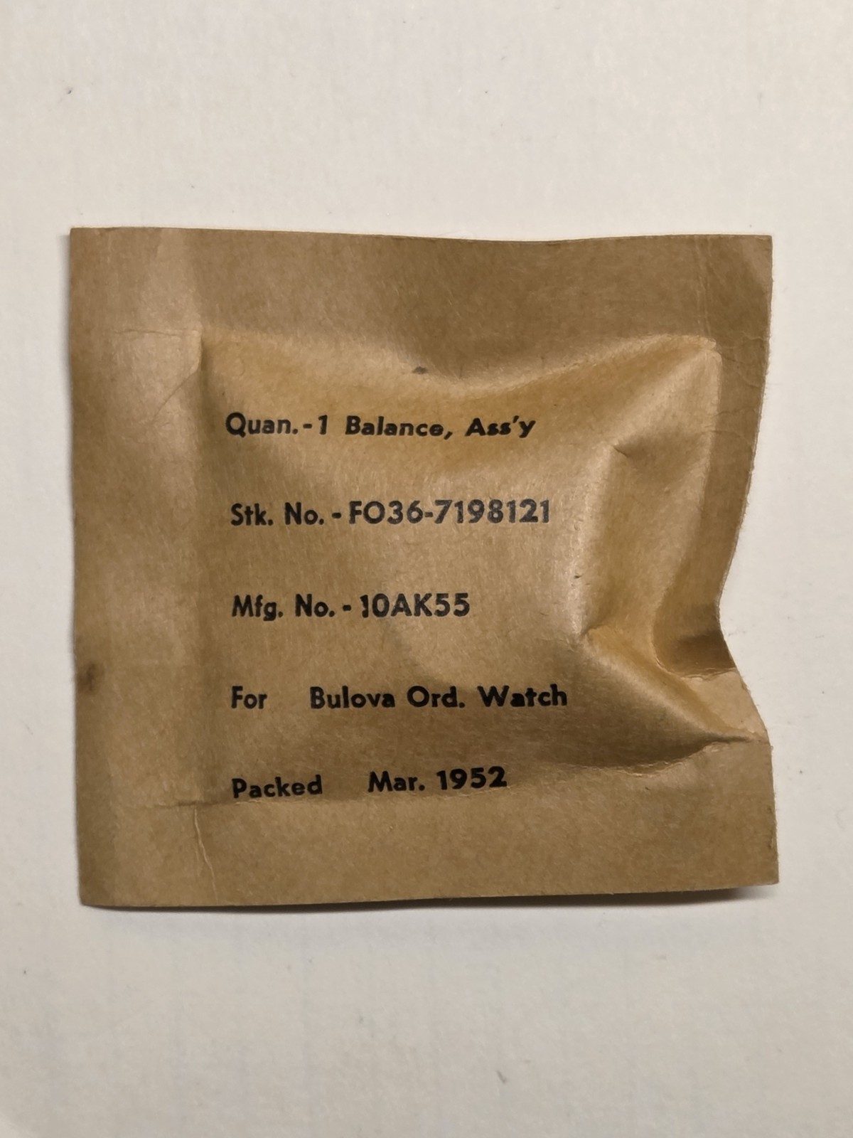 Bulova 10AK55 Balance Assembly – F036-7198121 – Sealed Military 1952