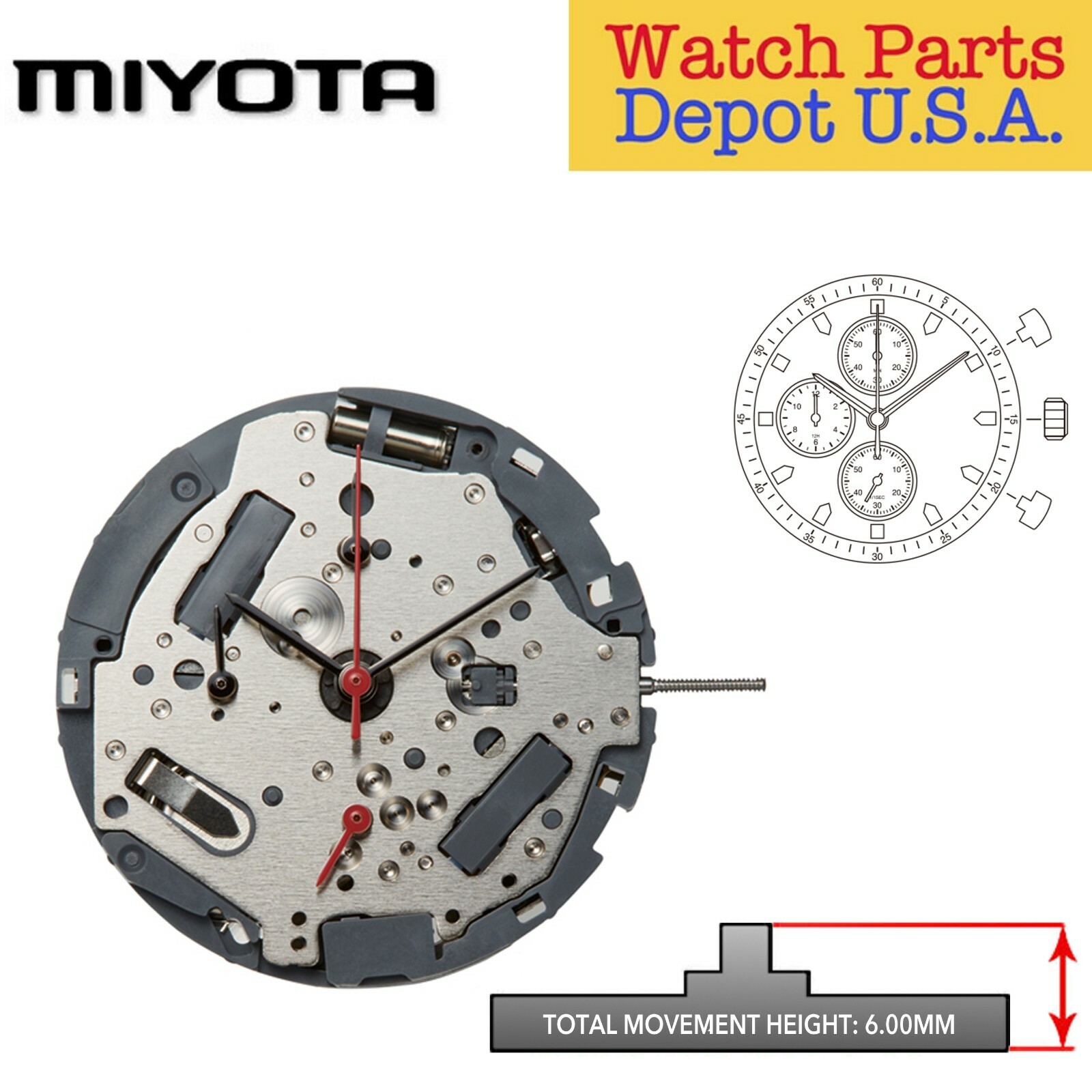 Original Miyota 0S30, 13 1/2 Ligne, 3 Hands, 3 Eyes (6,9,12) Chronograph – NEW!