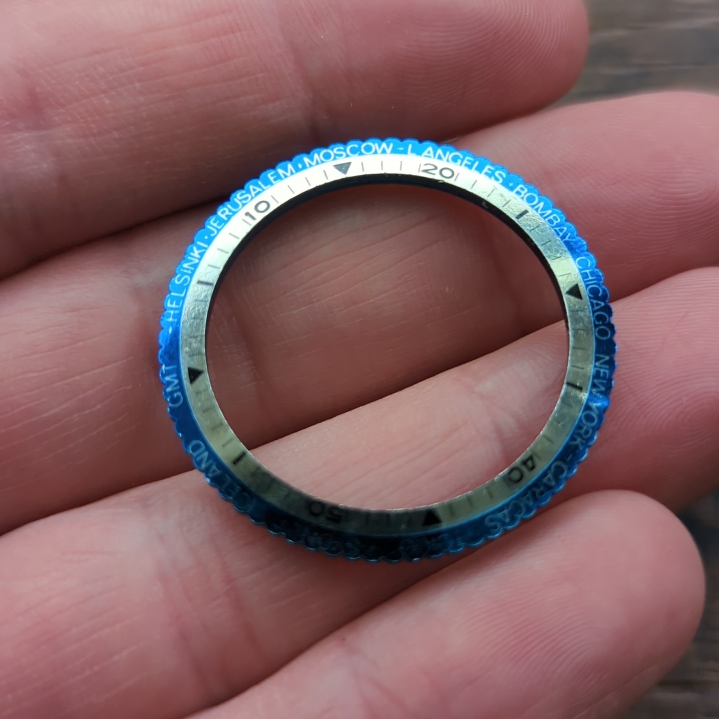 1960s Blue Skin Diver World Time Watch Bezel part NOS 35.6mm (I67)