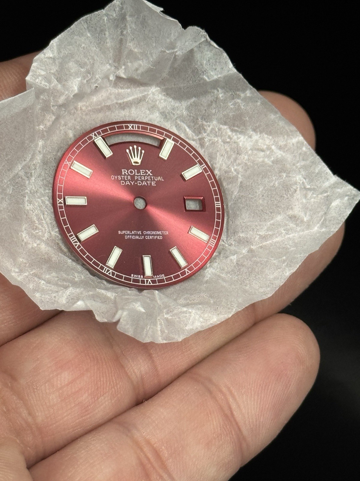 Custom Rolex Dial Cherry Red Day-Date 28.5mm for 128238, 128235, 128239 w/ Hands