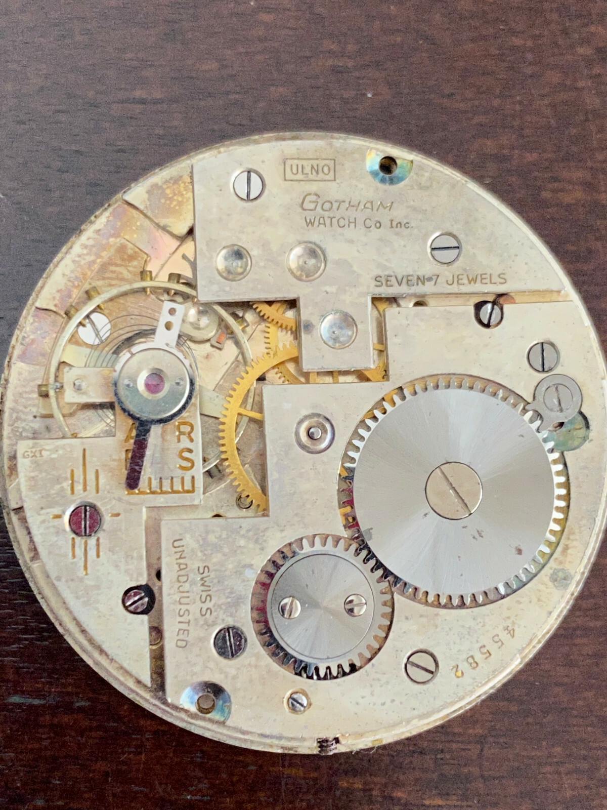 VINTAGE 38.55MM GOTHAM POCKET WATCH MOVEMENT, GR.ULNO, BROKEN STAFF