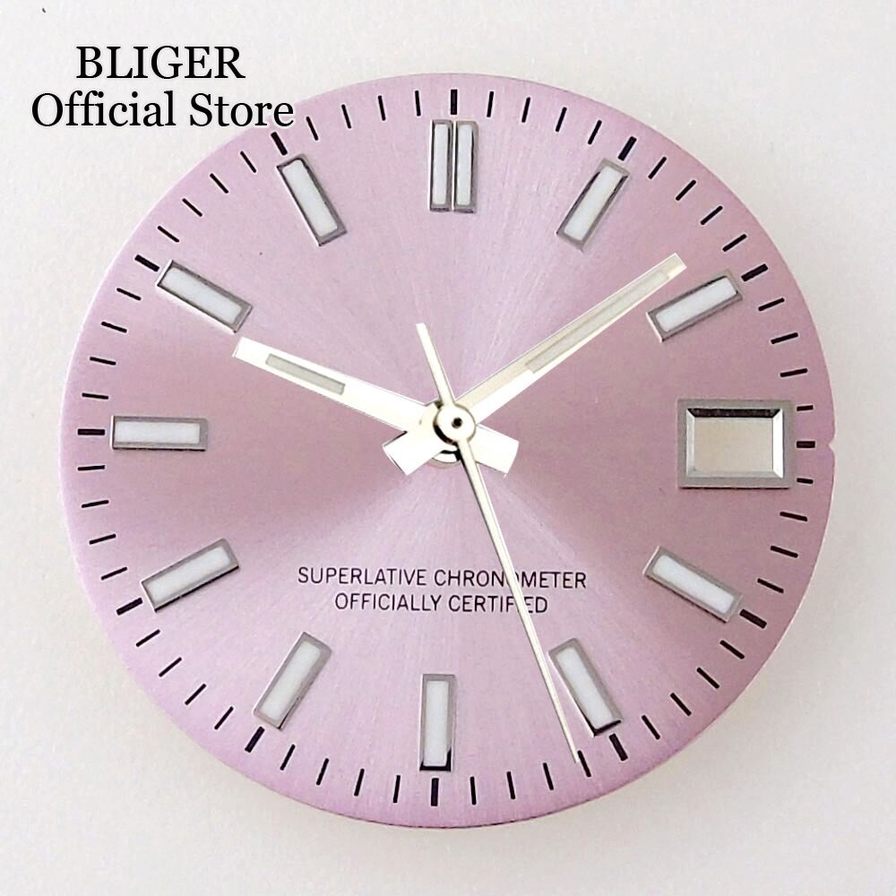 28.5mm Sunburst Pink Silver Watch Dial+Hands Green Lume Fit NH35A NH36A Movement