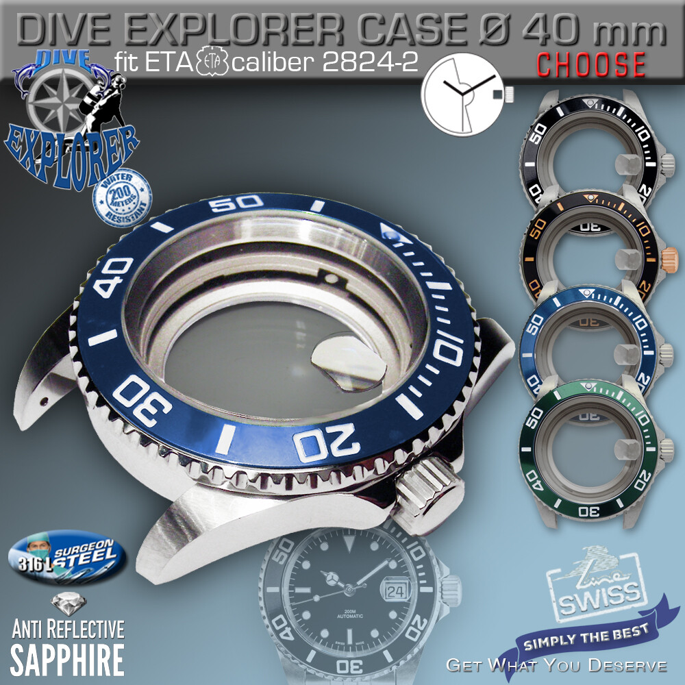 WATCH CASE SUBMARINE DIVE EXPLORER fit ETA 2824, SW200, Ø 40 MM, 200M w.r.