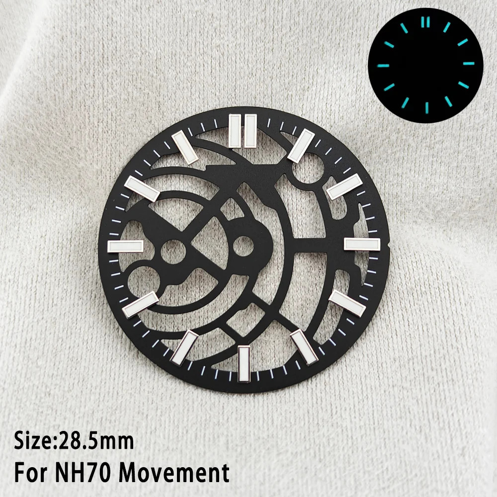 28.5mm Skeleton Watch Dial Green Lume Black and Blue Fit for NH70 NH72 Mod Parts