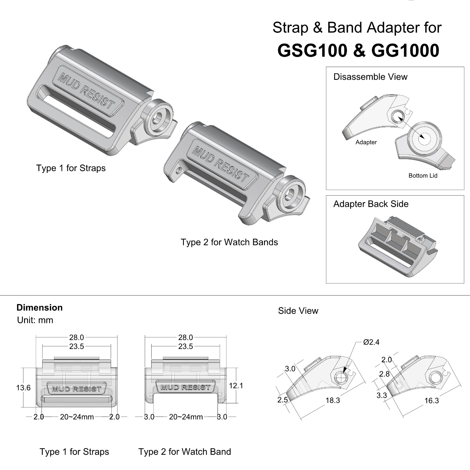 Resin Watch strap & band adapter for G-SHOCK GSG100, GG1000