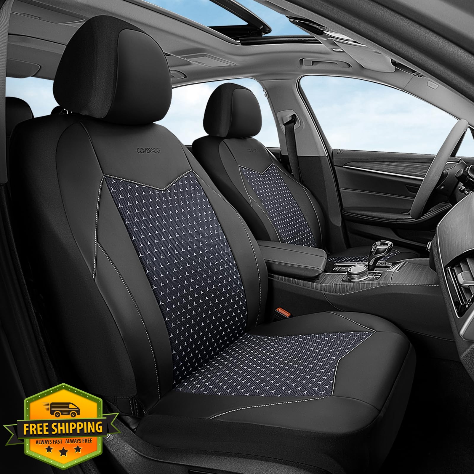 Coverado Black Front Seat Cover Mesh Leather