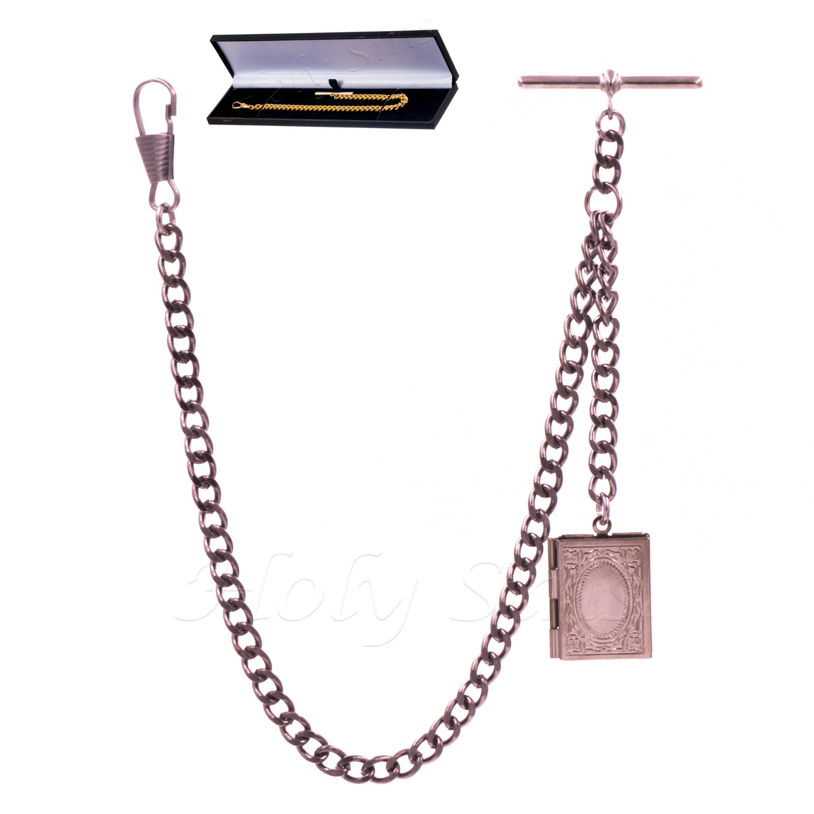 Black Gunmetal Colour Single Albert Pocket Watch Chain With Rectangular Locket