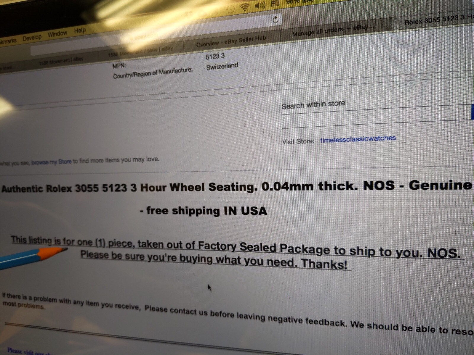 Rolex 3055 5123 3 Hour Wheel Seating. 0.04 mm thick. NOS – Genuine