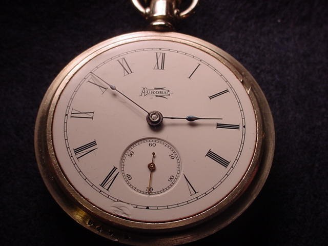 AURORA 18 SIZE OPEN FACE POCKET WATCH WHICH RUNS & SETS & IS IN ORIGINAL CASE!#5